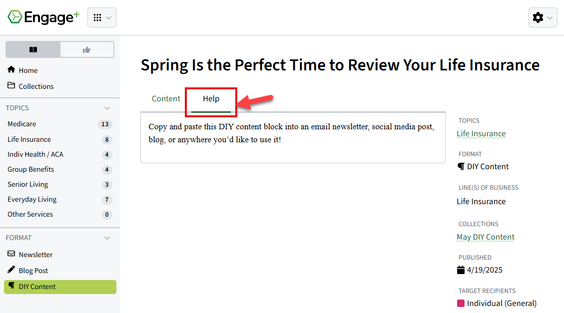 Screenshot showing a DIY content's help tab for additional information