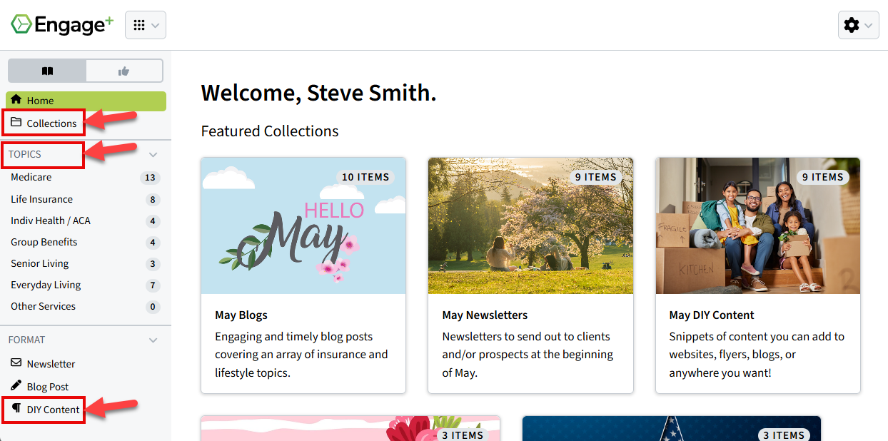 Screenshot showing how to access DIY content in the Engage+ Content Marketing left-hand menu