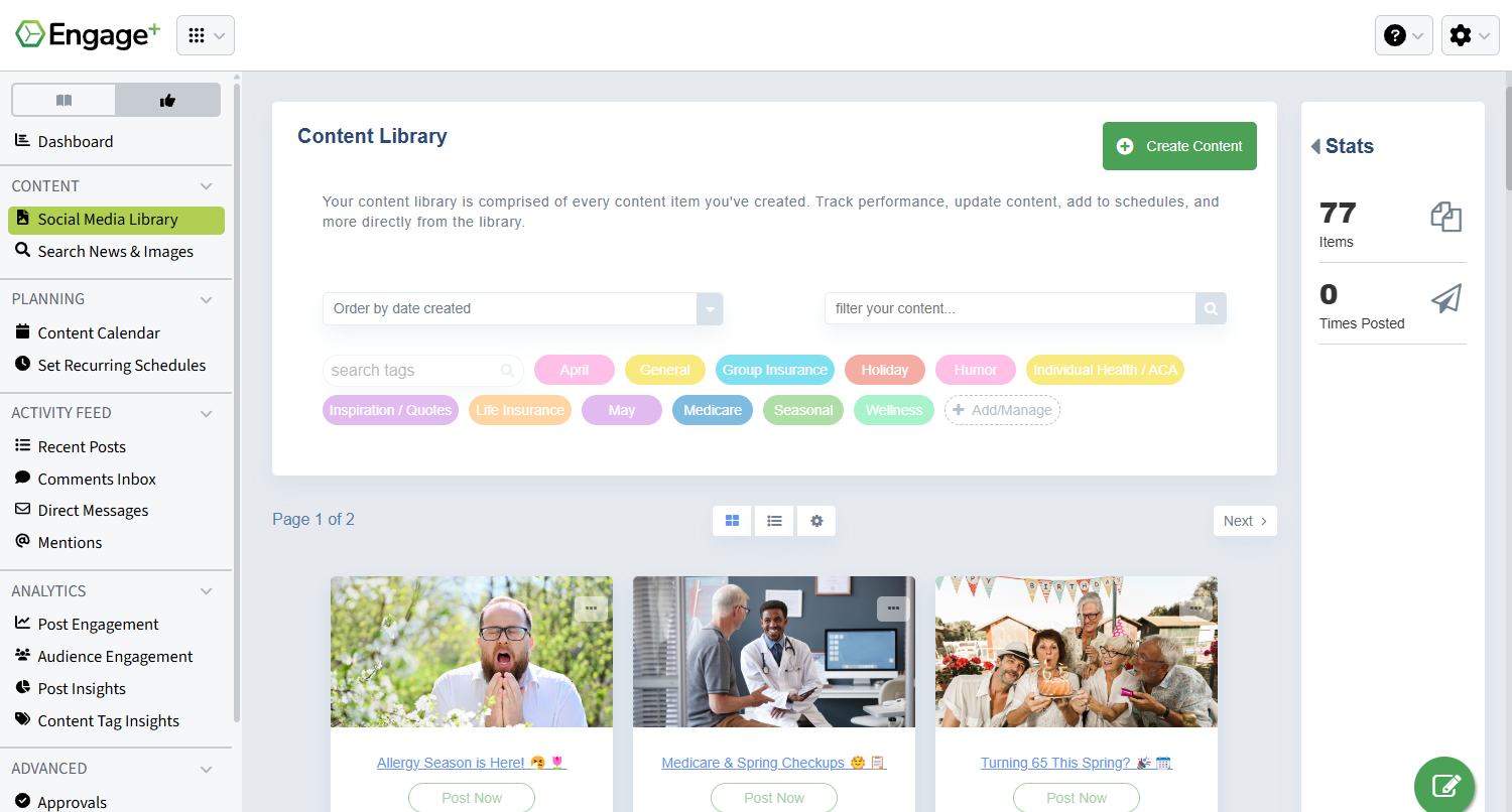 Screenshot showing the content pieces for May's content package from AgencyBloc in the Social Media Library