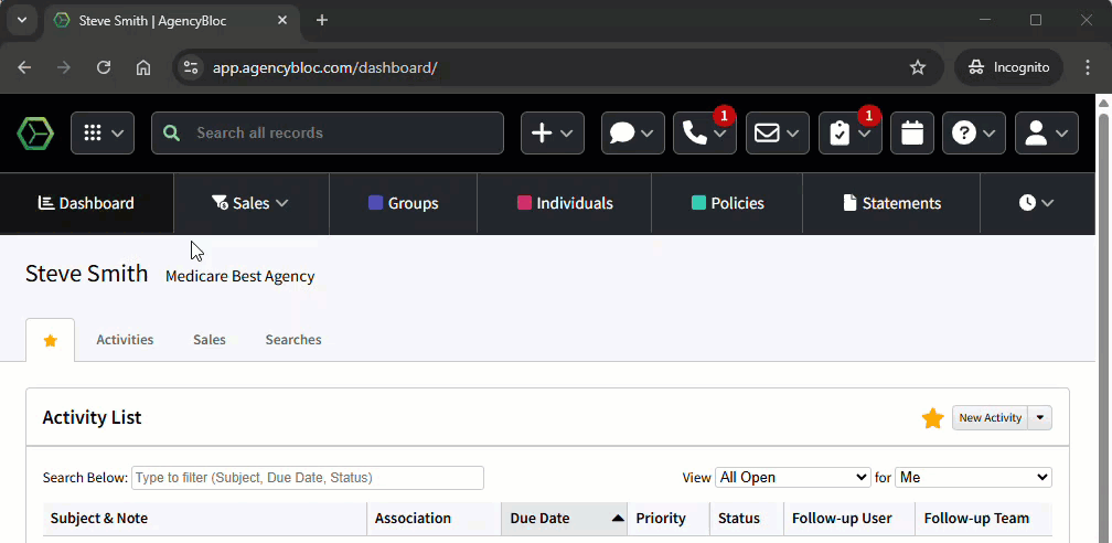 Animated image showing how to navigate to Engage+ from within AMS+