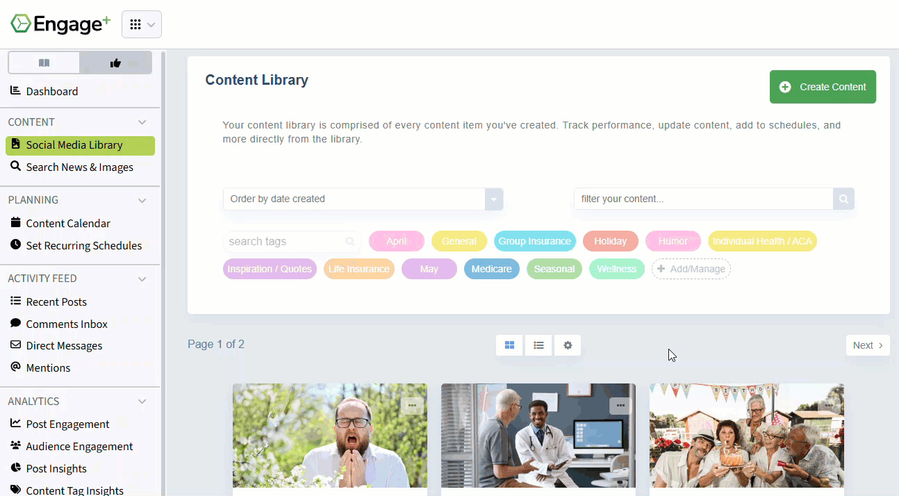 Animated image showing how to browse saved content in the Social Media Library