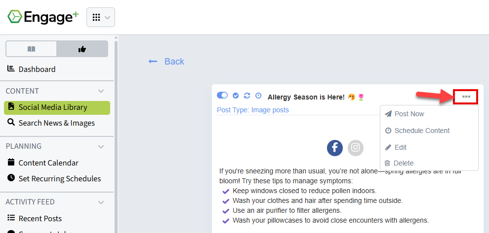 Screenshot showing the three-dot menu on a piece of saved content