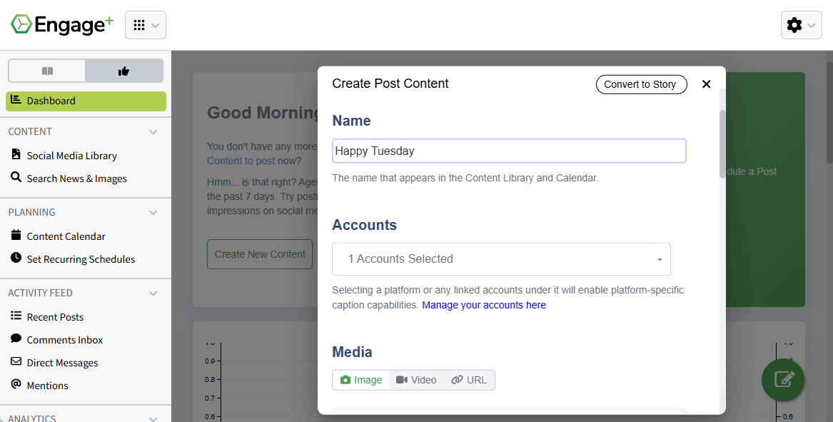 Screenshot showing the Create Post Content pop-up