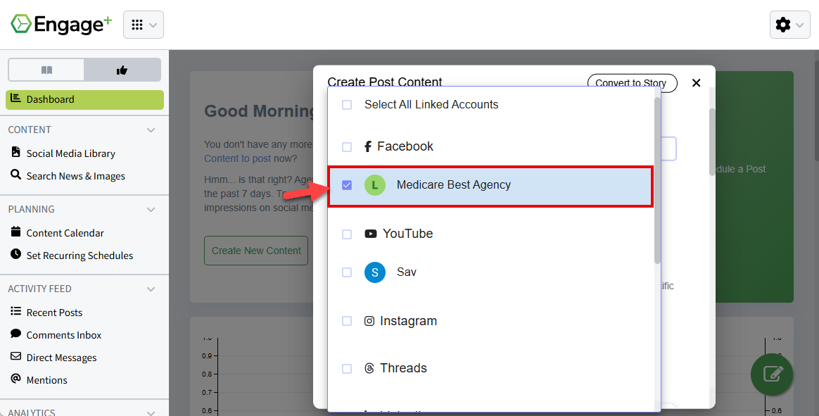 Screenshot showing how to select social media accounts to add to the new content piece