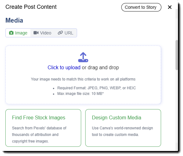 Screenshot showing how to upload images and videoes to a new content piece