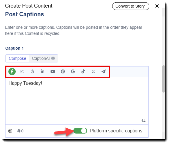 Screenshot showing how to add platform-specific messages to a new content piece