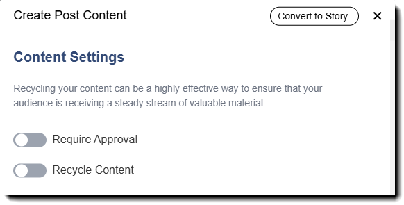 Screenshot showing approval and recycle settings for the new content piece