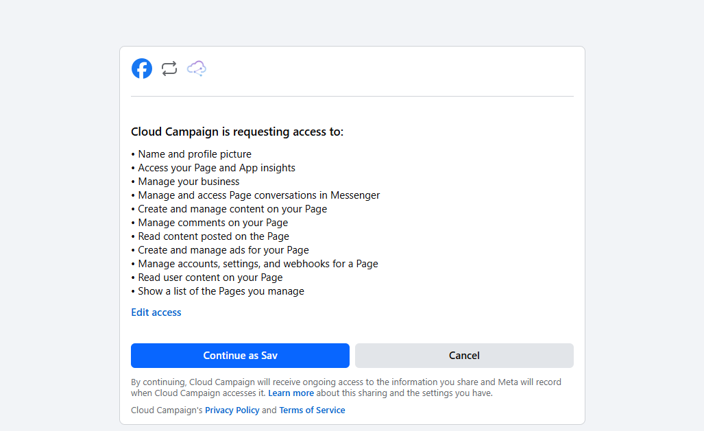 Screenshot showing access permissions necessary to link your social account