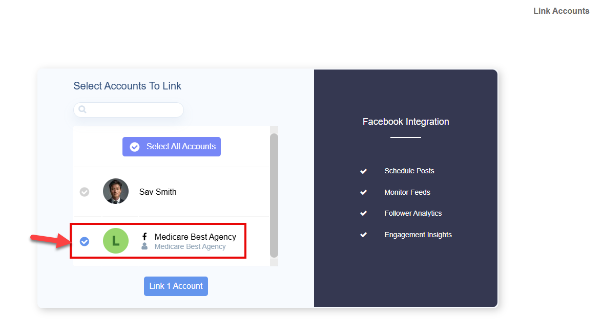 Screenshot showing how to select a Facebook Business Page to link to Engage+ Content Marketing
