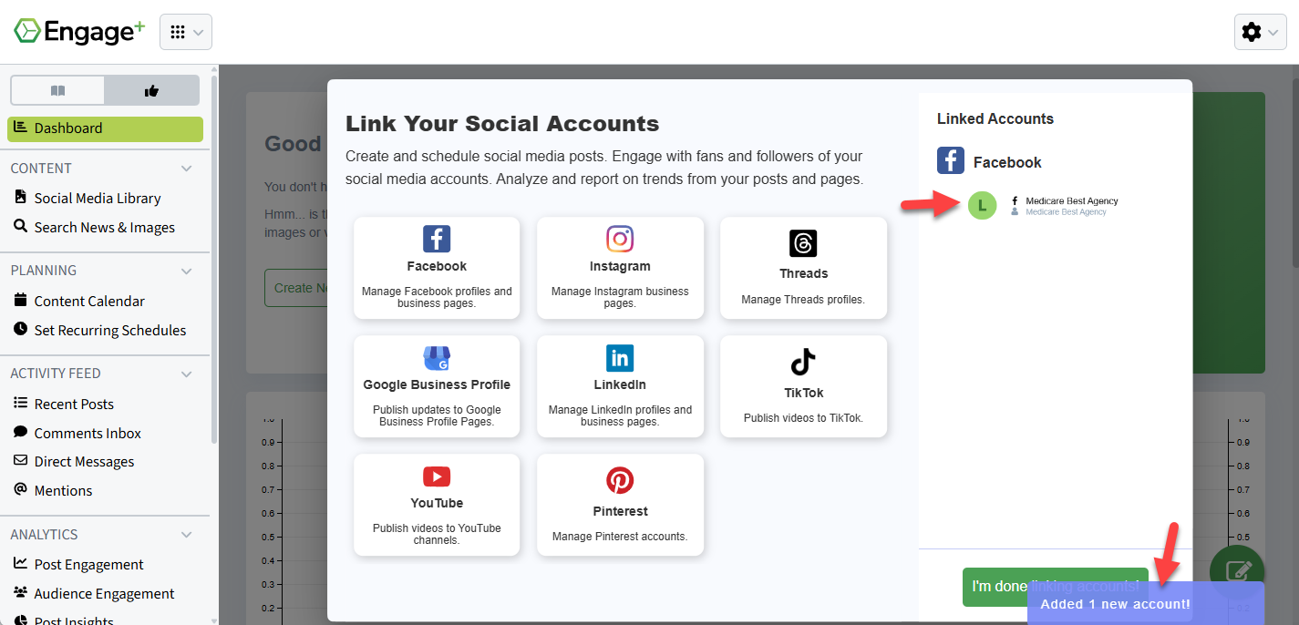 Screenshot showing a success message that displays when a social account is linked