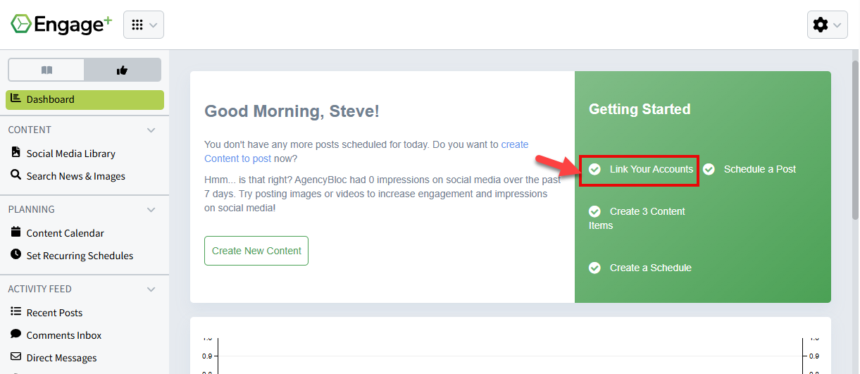 Screenshot showing how to navigate to account settings from the social media dashboard in Engage+ Content Marketing