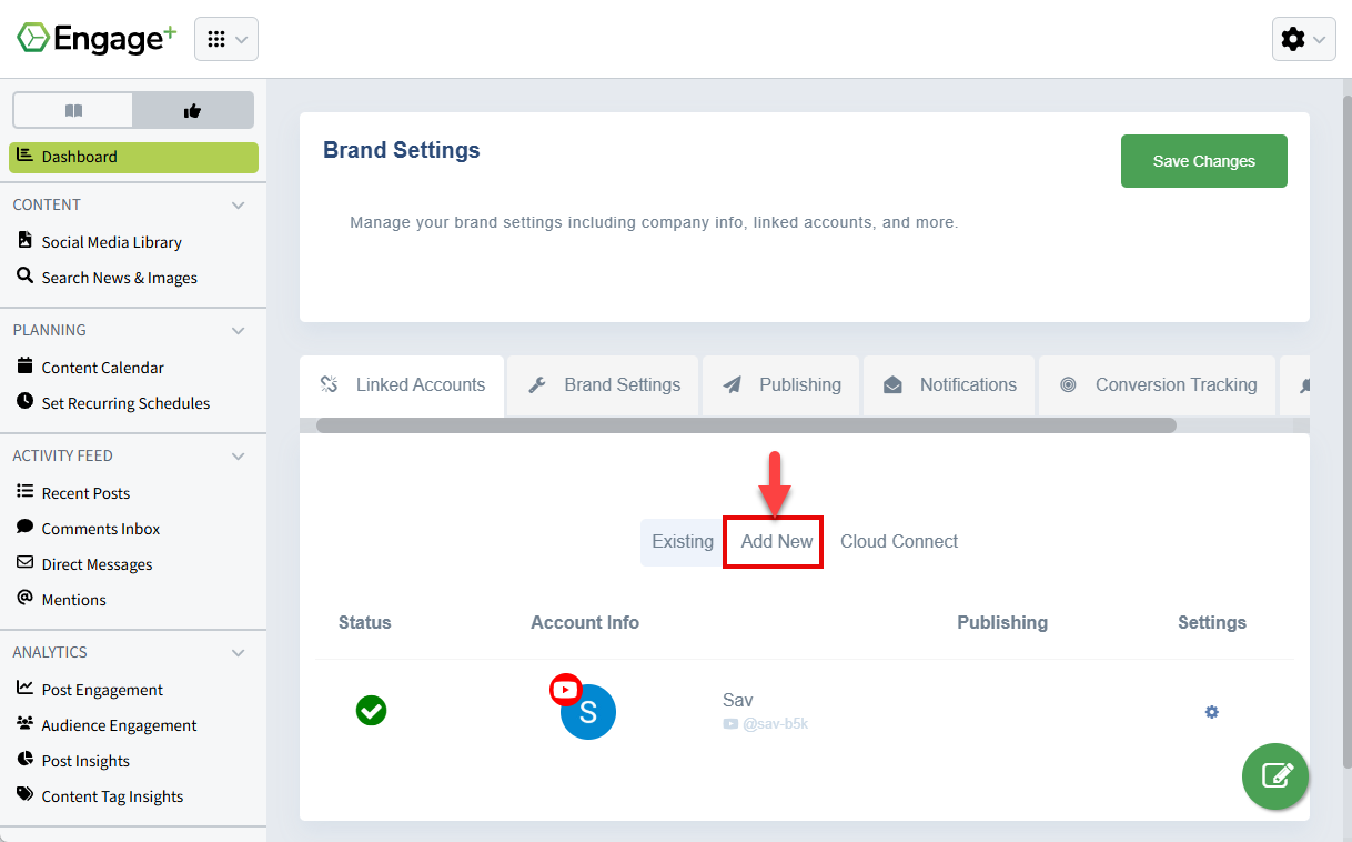 Screenshot showing how to add a new social account