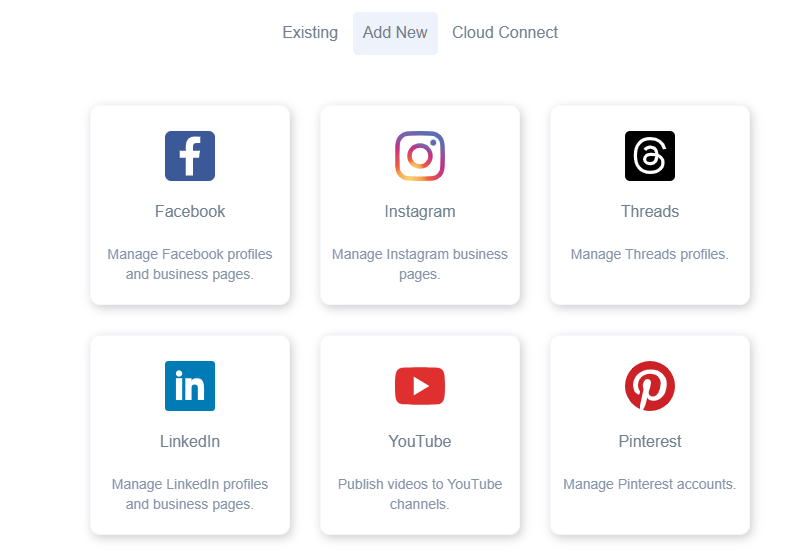 Screenshot showing a list of social media platforms to pick from