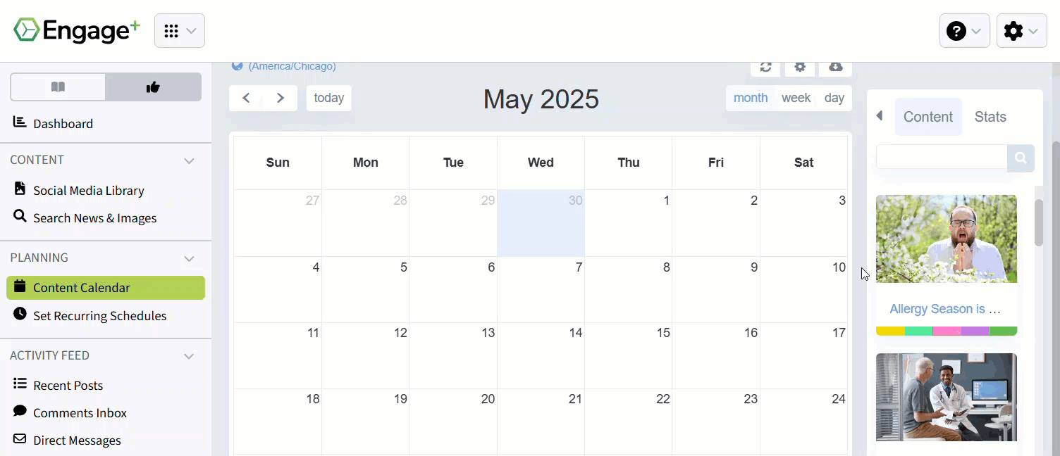 Animated image showing how to drag and drop saved content onto the Content Calendar