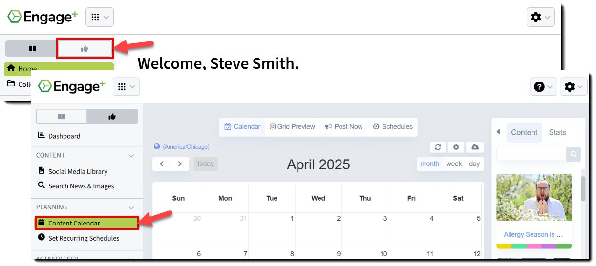 Image showing how to navigate to the Content Calendar in Engage+ Content Marketing