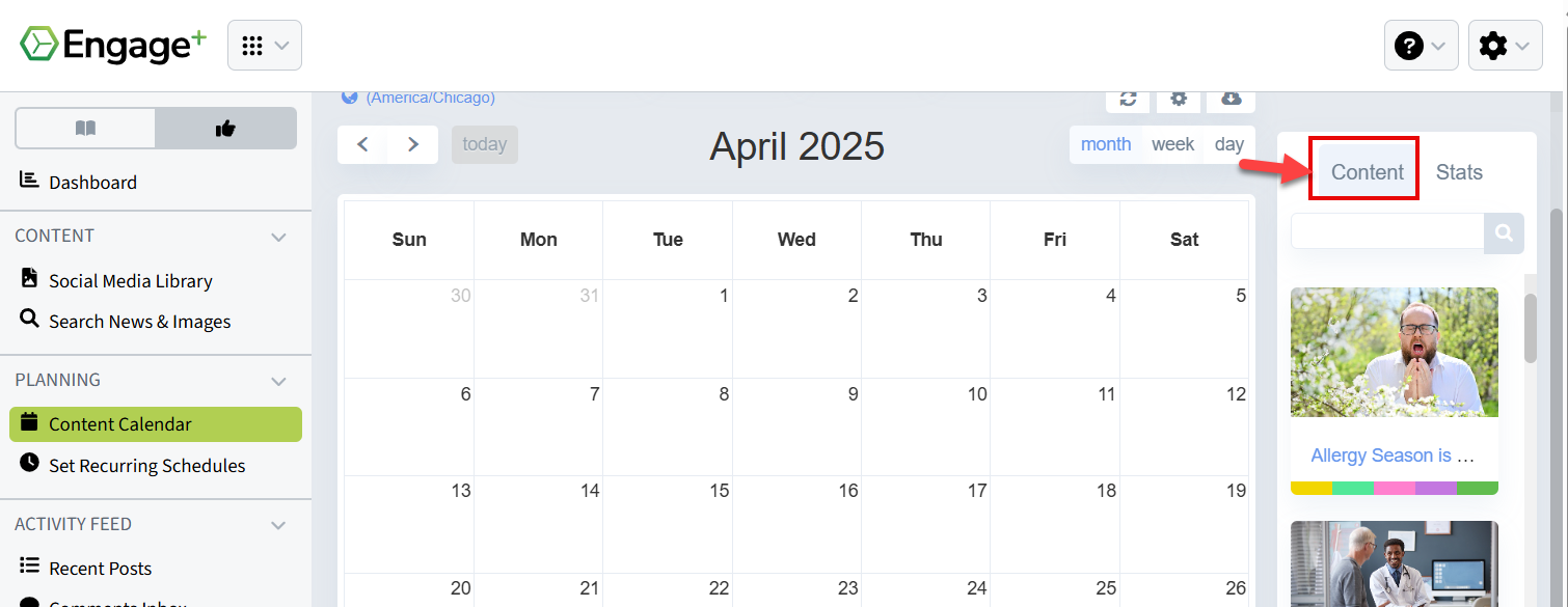 Screenshot highlighting the Content tab on the right-hand side of the Content Calendar