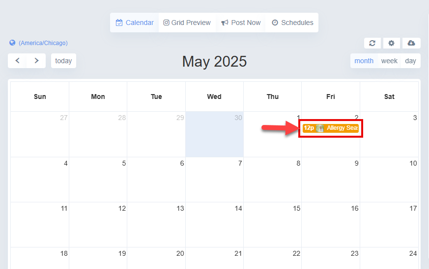 Screenshot showing how to select a post on the content calendar