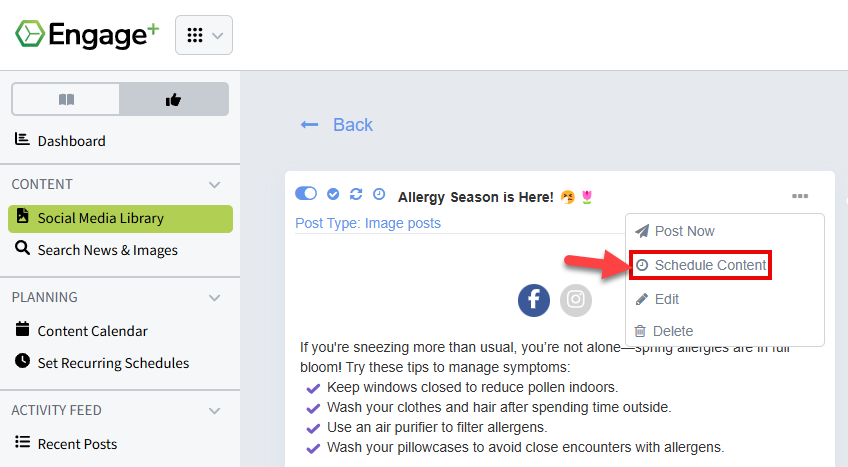 Screenshot showing how to access the saved content's scheduling settings
