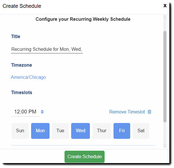 Screenshot showing how to set up the recurring schedule by giving it a title, specifying the timezone, and choosing the timeslots