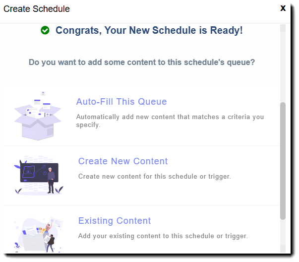 Screenshot showing the options for adding content to the recurring schedule's queue