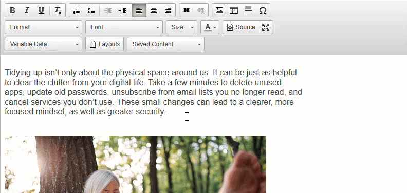 Animated image showing how to add a hard return in the AMS+ email editor