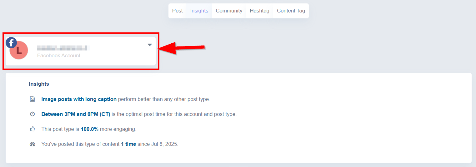 Screenshot showing how to select a social media account on the Post Insights page