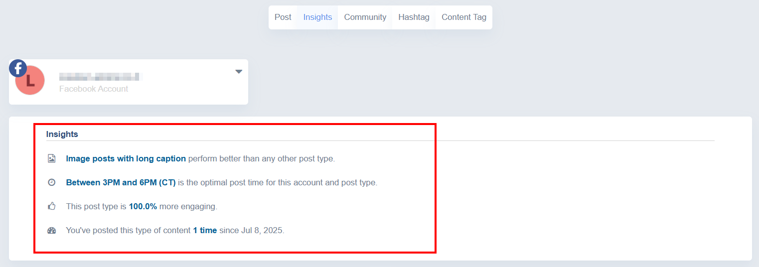 Screenshot highlighting where post insights are displayed for the selected social media account