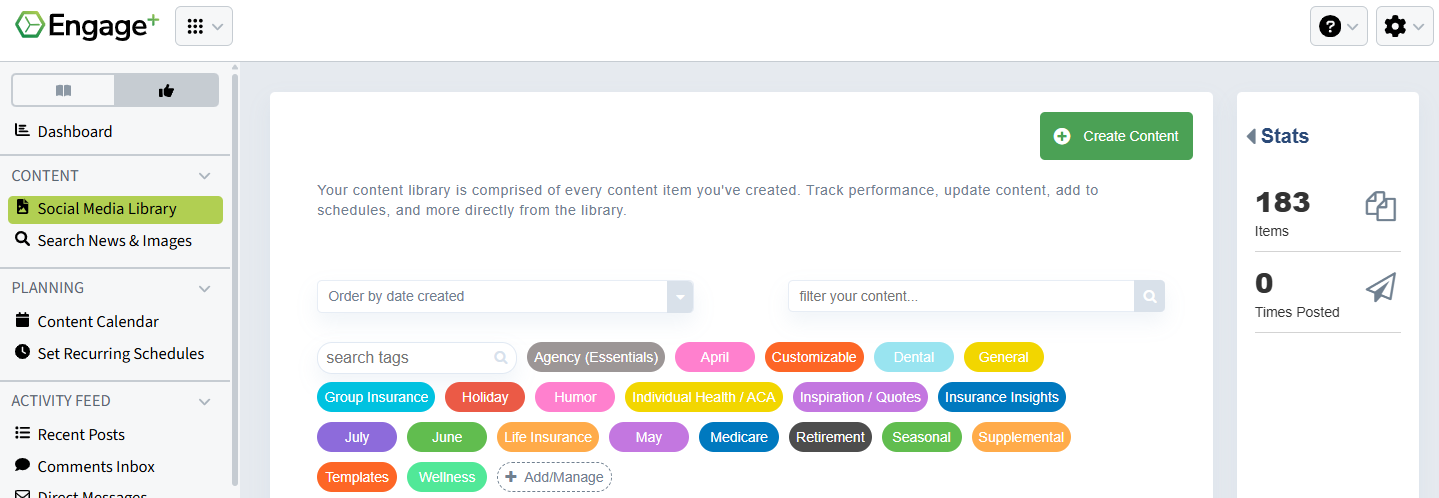 Screenshot showing where to view content tags on the Social Media Library page