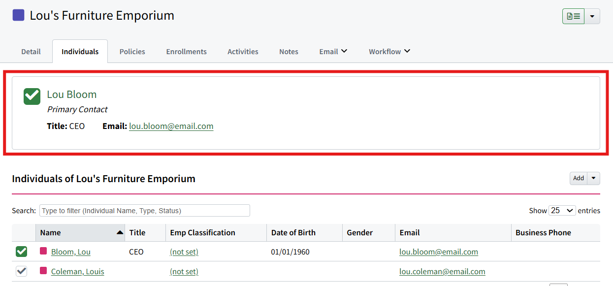 Screenshot highlighting the Primary Contact at the top of the Group Individuals tab