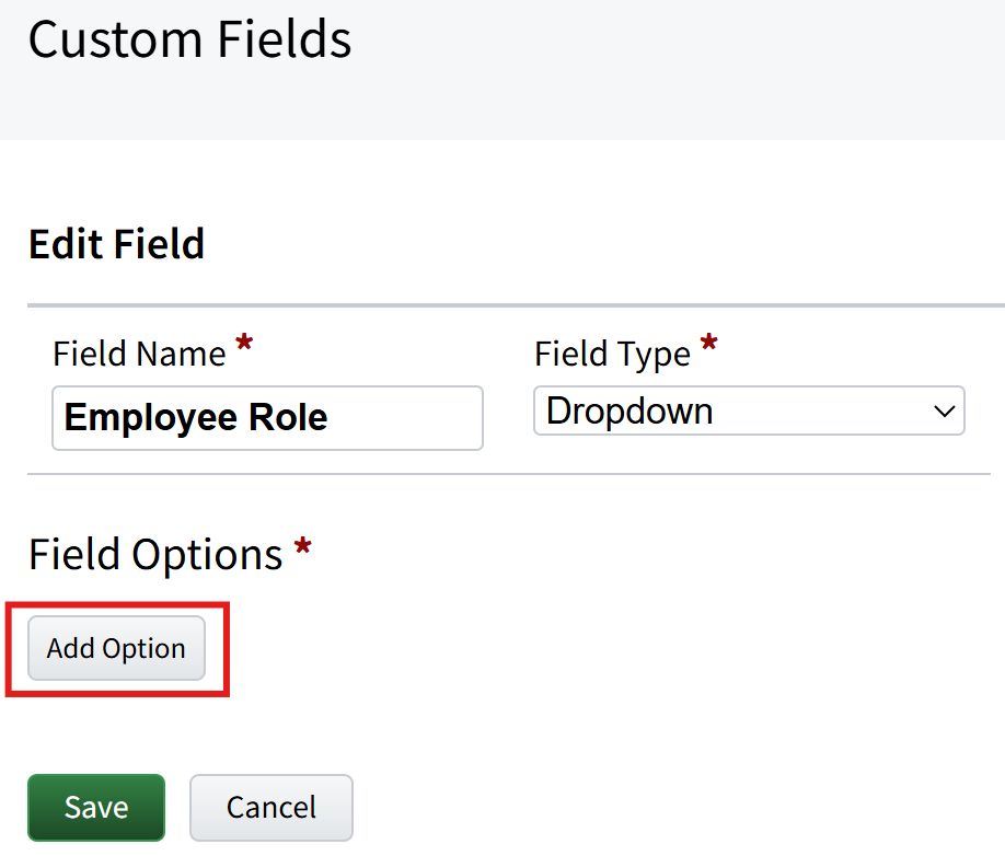 Screenshot showing how to add field options to a dropdown custom field for Individual Records
