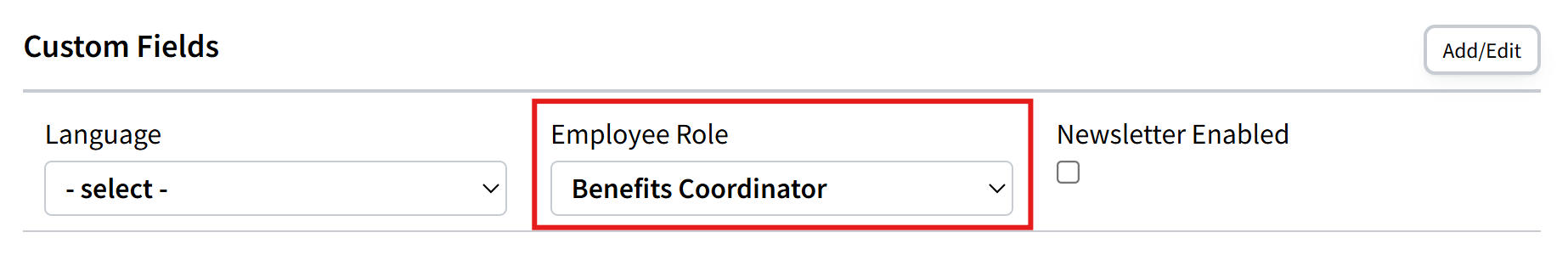 Screenshot showing a dropdown custom field in the Custom Fields section of the Individual Detail tab