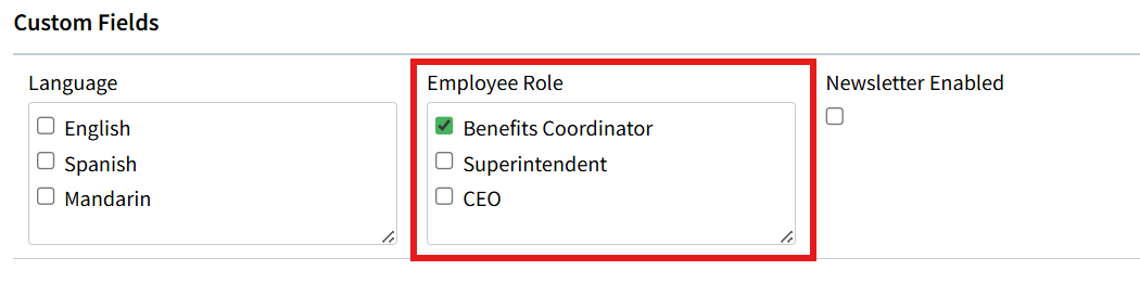 Screenshot showing the custom field filter on the Servicing Email Marketing campaign's recipients list