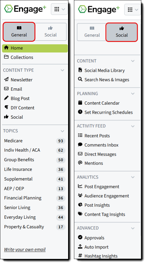 Images highlighting the General and Social buttons in the left-hand navigation of Engage+ Content Marketing