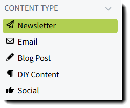 Screenshot showing the Content Type section in the Engage+ Content Marketing General left-hand navigation