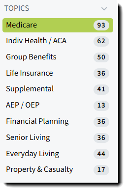 Screenshot showing the Topics section in the Engage+ Content Marketing General left-hand navigation