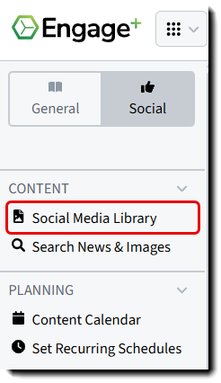 Screenshot highlighting the Social Media Library link in the Engage+ Content Marketing Social left-hand navigation