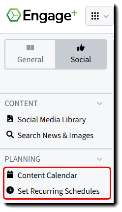 Screenshot highlighting the Planning section links in the Engage+ Content Marketing Social left-hand navigation