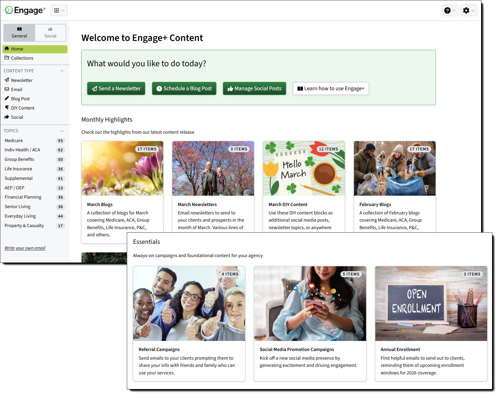Images showing the Engage+ Content Marketing home page and Essentials section