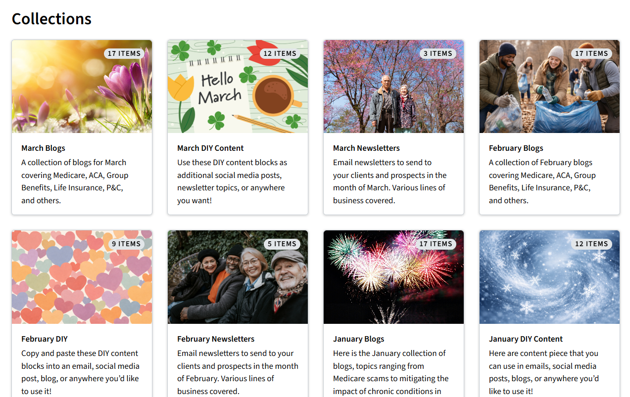 Screenshot showing the Collections page in Engage+ Content Marketing
