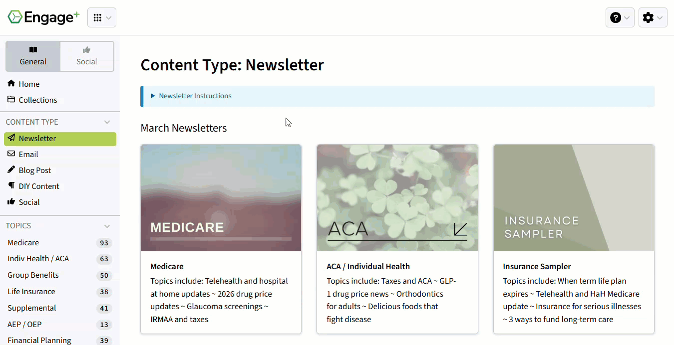 Screenshot showing how to select the Select Newsletter Recipients pop-up window upon selecting a newsletter in Engage+