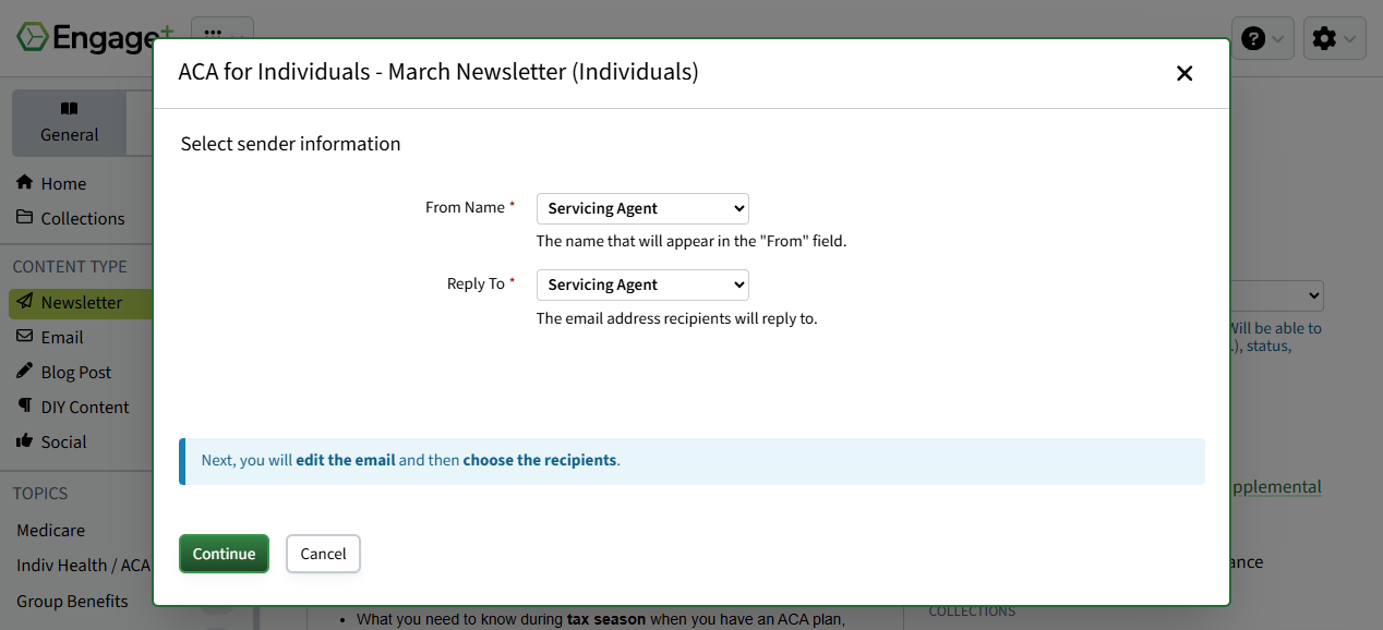 Screenshot showing how to specfiy the sender information for a newsletter in Engage+