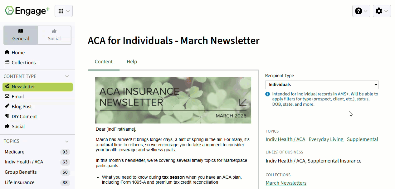 Animated image showing how to change the recipient type in a newsletter in Engage+