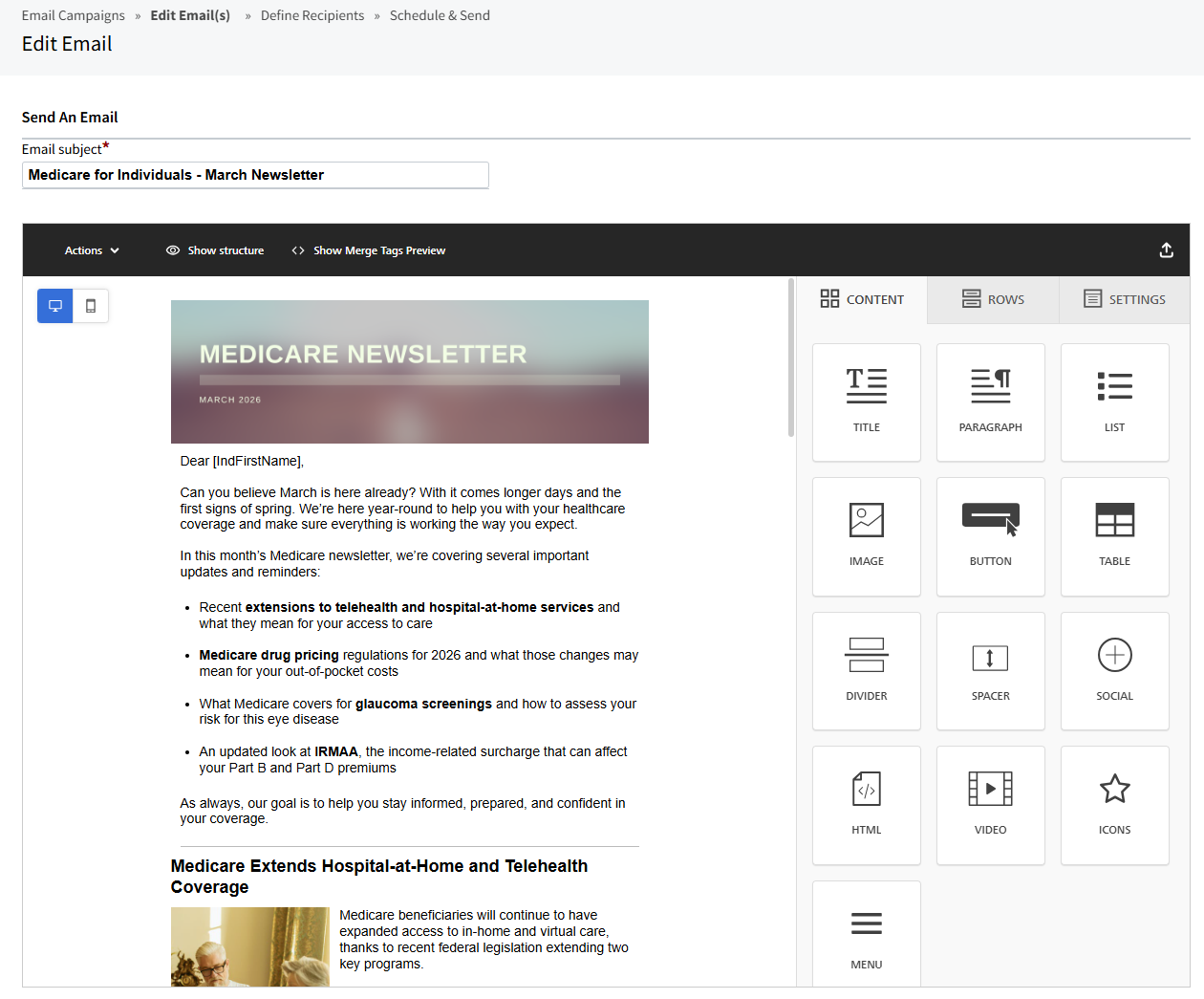 Screenshot showing a newsletter's email copy in the email editor in AMS+