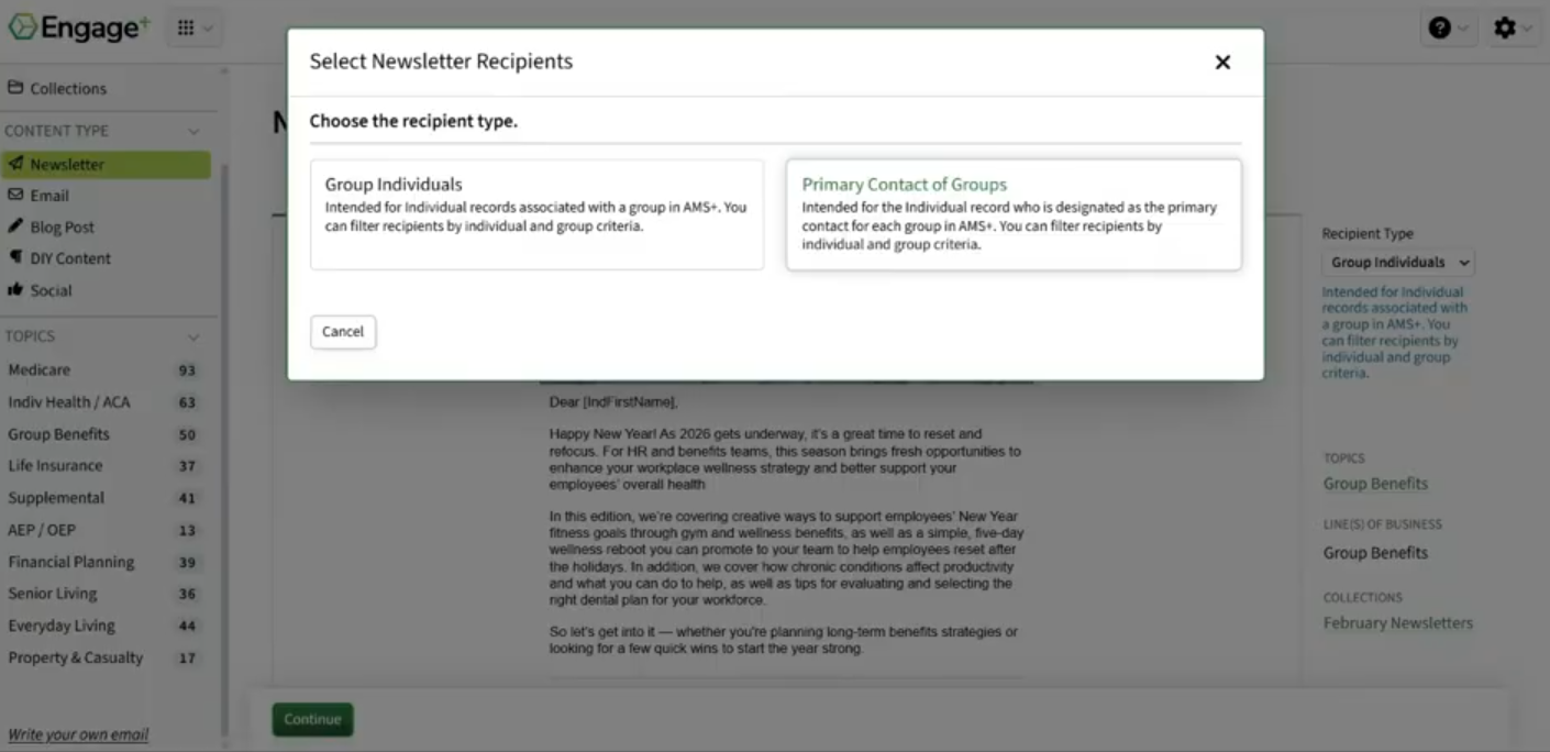 Screenshot showing the Select Newsletter Recipients pop-up window when selecting and opening a newsletter with group email content