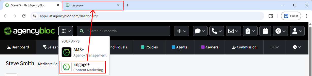 Screenshot showing how to access Engage+ from within AMS+
