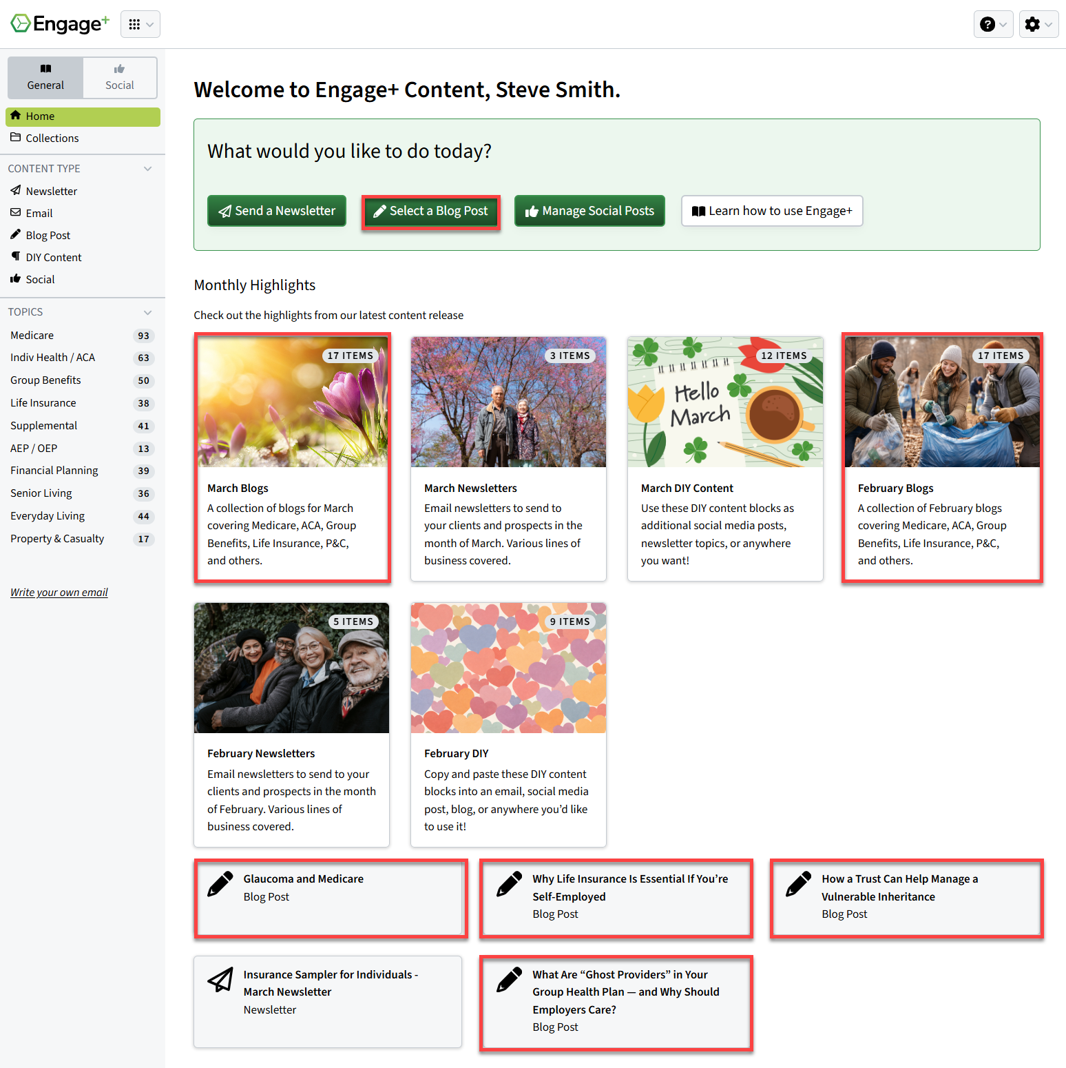 Screenshot showing how to access blog post content on the Engage+ Content Marketing homepage