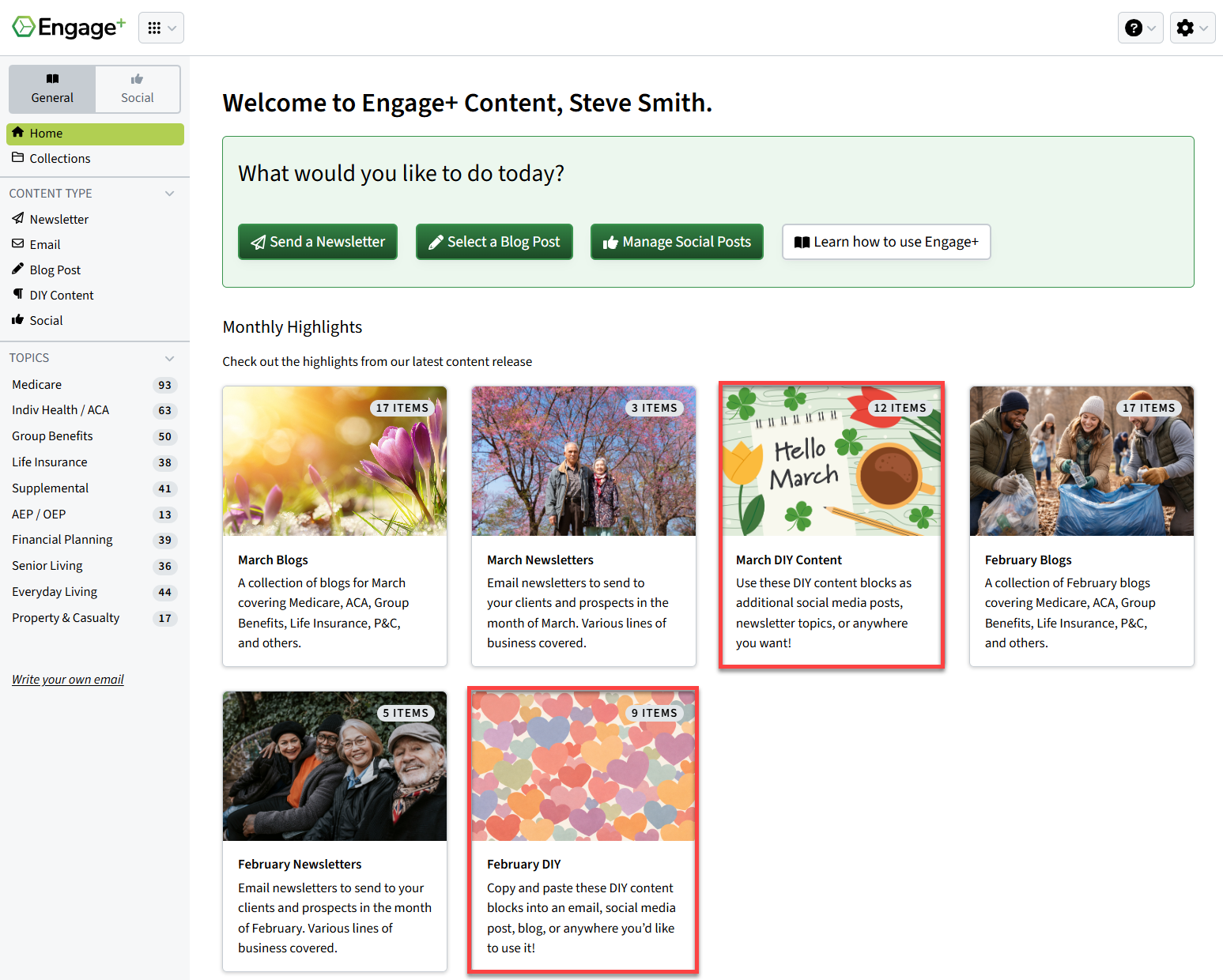 Screenshot showing how to access DIY content on the Engage+ Content Marketing homepage
