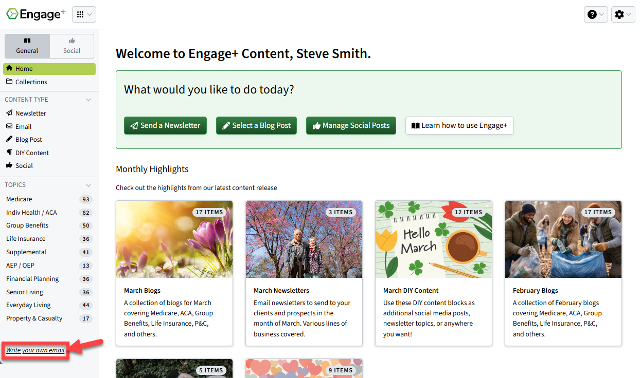 Screenshot highlighting the Write your own email link in the left-hand navigation