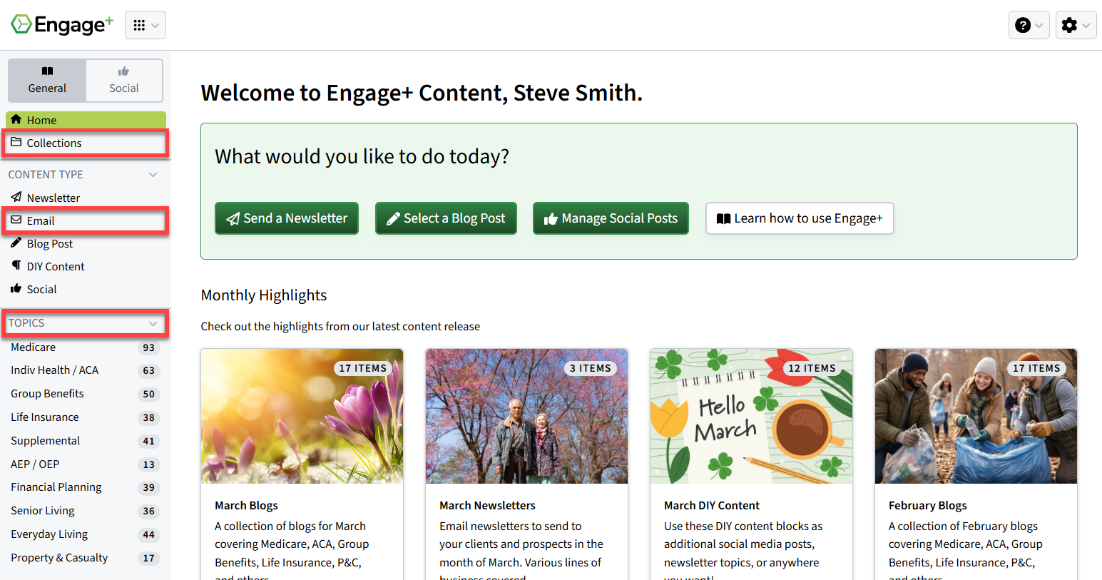 Screenshot highlighting the places where emails can be accessed from the left-hand navigation