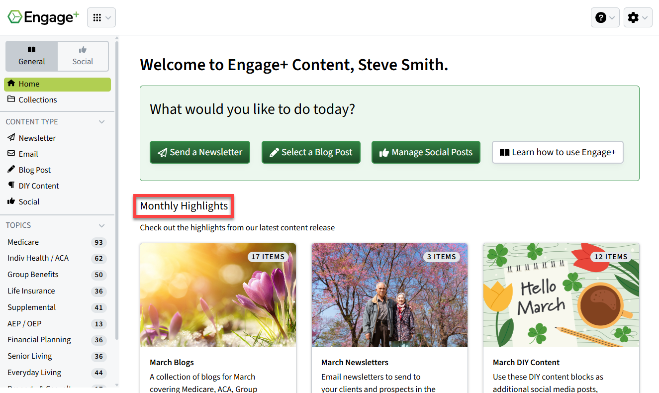 Screenshot highlighting the Monthly Highlights section on the Engage+ Content Marketing homepage